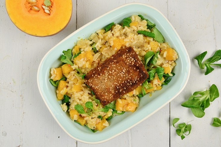 Risotto van Pompoen met Schartong, Ham, Sinaasappel en Spruitjes